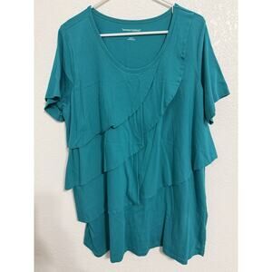 Woman Within Size L(18/20) Turquoise Shirt Sleeve Ruffles Top Blouse